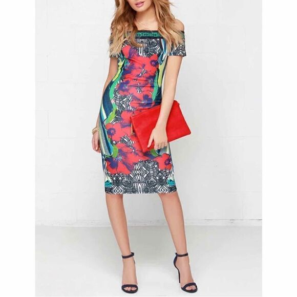 Jealous Tomato Tropical Print Bodycon Sheath Dress Red Blue Small Off Shoulder - Picture 1 of 15